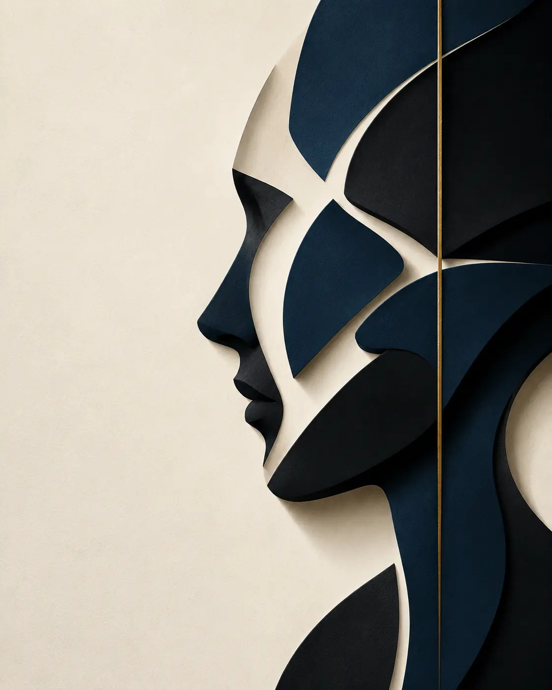 Fragmented sculptural profiles facing one another, representing reflection, inner dialogue and coherence.